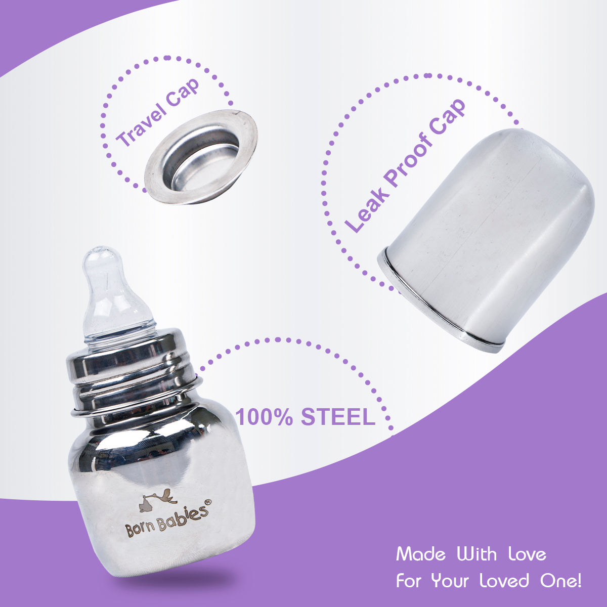 120 ml Born Babies Stainless Steel Feeding Bottle With Anti-Colic Silicone Nipple & Travel Cap